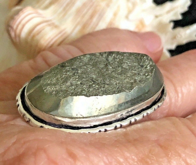 Large Natural Pyrite Statement Ring Unisex .925 Sterling Silver Size 8.5
