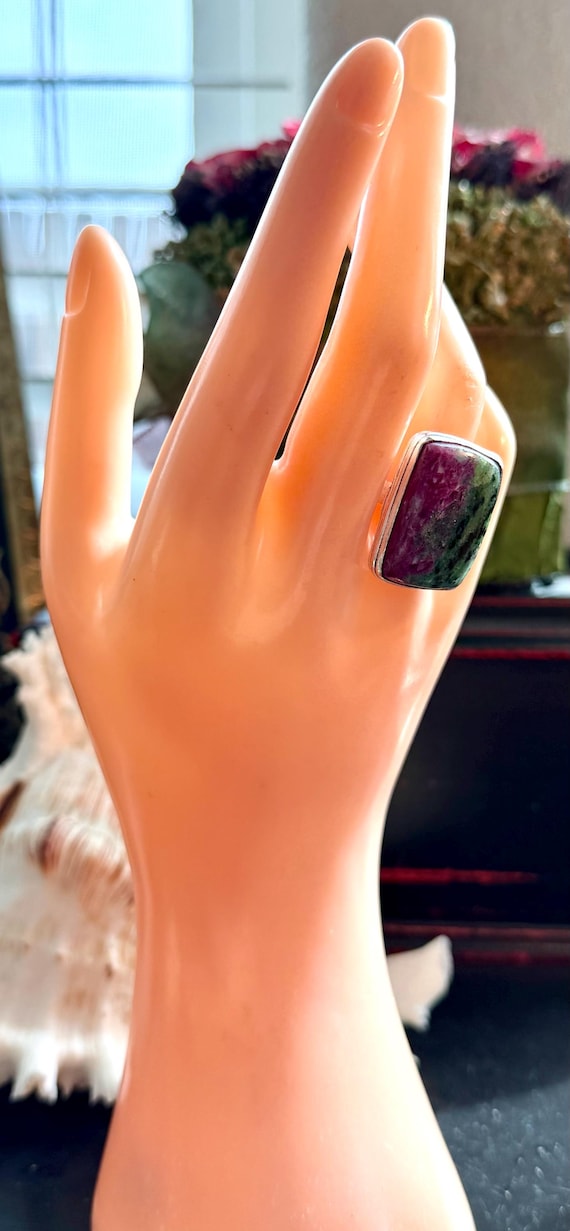 Large 1" Ruby Zoisite Gemstone Ring Rectangle .92… - image 6