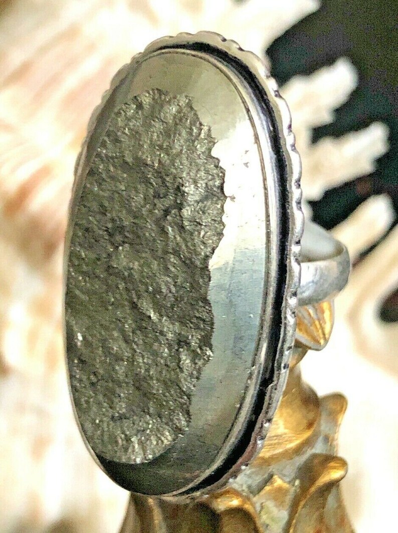 Large Natural Pyrite Statement Ring Unisex .925 Sterling Silver Size 8.5