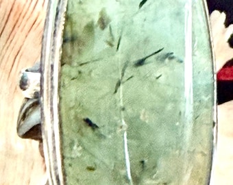 LARGE 1 3/4" Green Prehnite Ring Oval .925 Sterling Silver Size 8