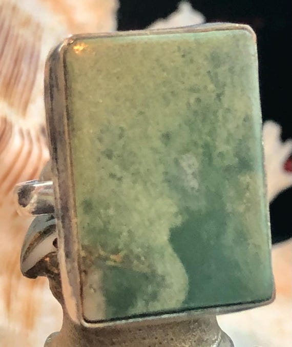 Large 1" Chrysoprase Gemstone Ring Rectangle .925… - image 1
