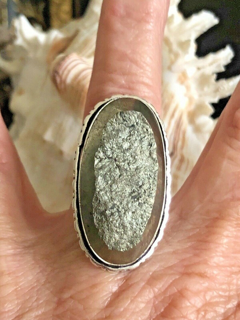Large Natural Pyrite Statement Ring Unisex .925 Sterling Silver Size 8.5