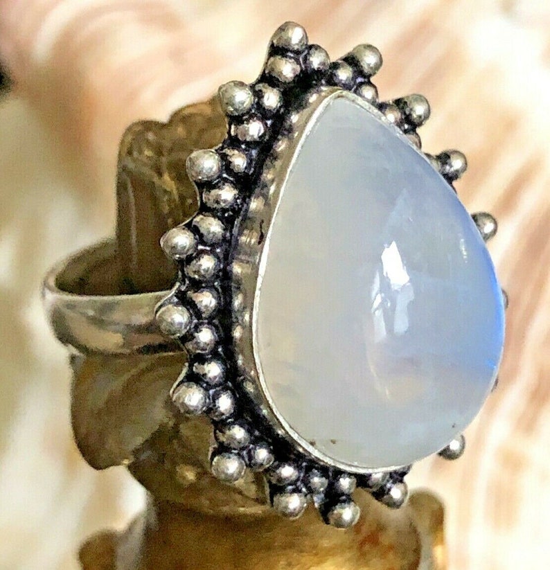 Blue Rainbow Moonstone Ring .925 Sterling Silver Teardrop Double Beaded Edge Size 8