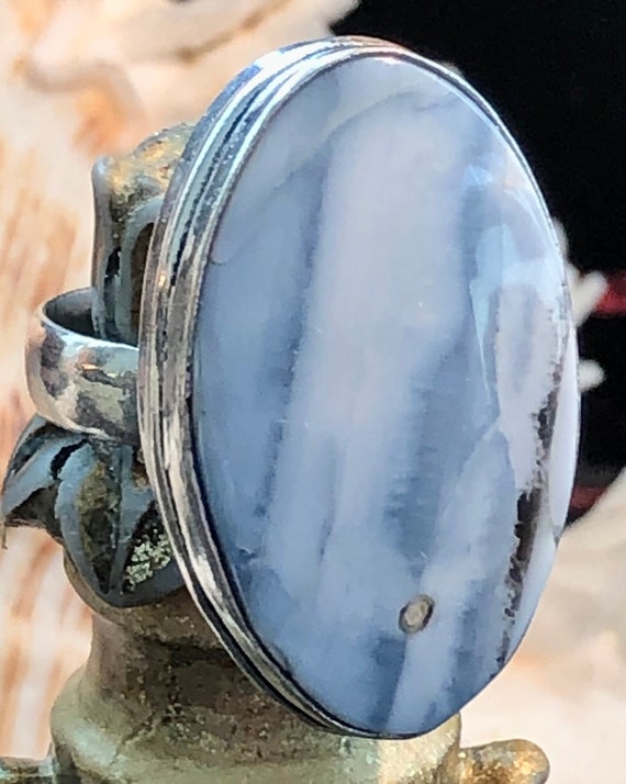 Large 1" Natural Oregon Owyhee Blue Opal Ring Oval .925 Sterling Silver Size 7.5