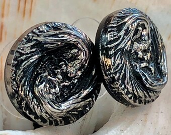 Button Earrings 1900s Vintage Black Silver Flower Buttons Post Back 13mm 1/2"