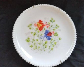 Vintage Westmoreland Plate Milk Glass Beaded Edge Hand Painted Columbine Flowers 7.5"