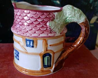 Vintage Cottage Ware Creamer, Syrup Pitcher, or Toothbrush Holder, Shingled Roof Made in Japan 1940s 1950s
