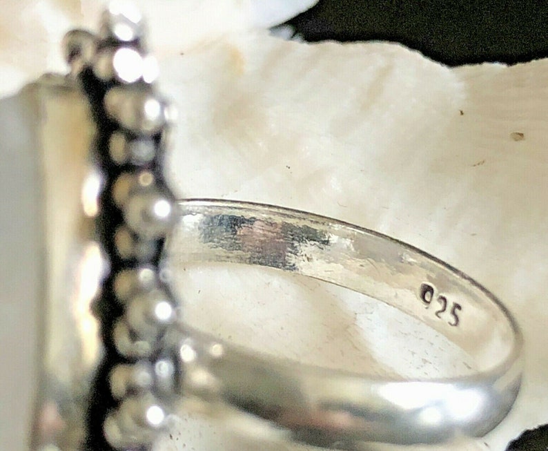 Blue Rainbow Moonstone Ring .925 Sterling Silver Teardrop Double Beaded Edge Size 8