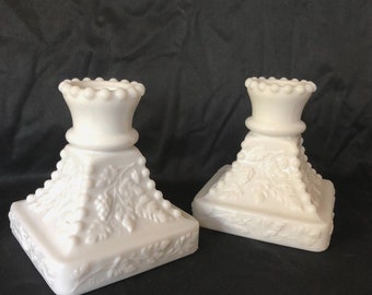 Vintage Westmoreland Paneled Grape Beaded Candle Holders White Milk Glass Marked Mint