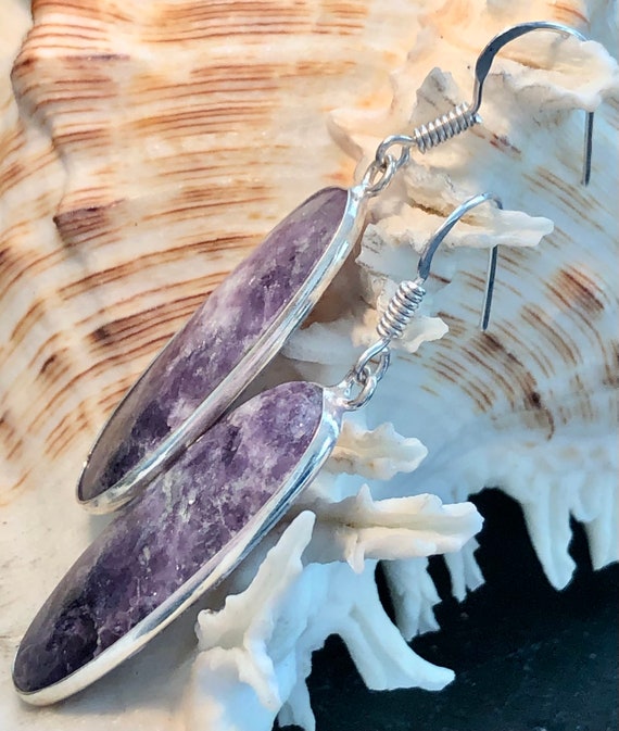 Natural Purple Lepidolite Gemstone Earrings Oval … - image 3