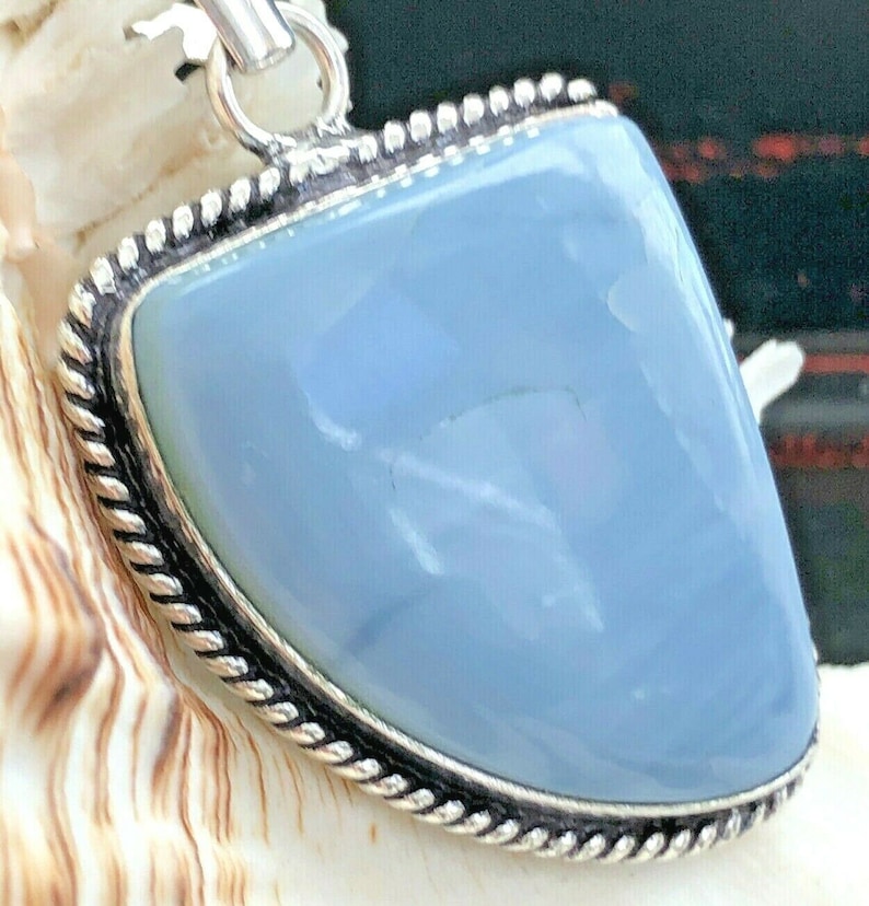 LARGE 2 Natural Oregon Owyhee Blue Opal Pendant Teardrop Rope Edge .925 Sterling Silver image 1