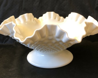 FENTON Hobnail White Milk Glass Large Pedestal Bowl Crimped Ruffled 10.5" Wide