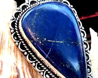 LARGE 2 5/8" Blue Lapis Lazuli Pendant Teardrop Filigree .925 Sterling Silver