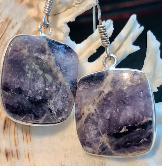 Natural Purple Fluorite Earrings Rectangle .925 S… - image 2