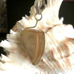 Druzy Agate Quartz Pendant Abstract Caramel Brown .925 Sterling Silver 2&quot;