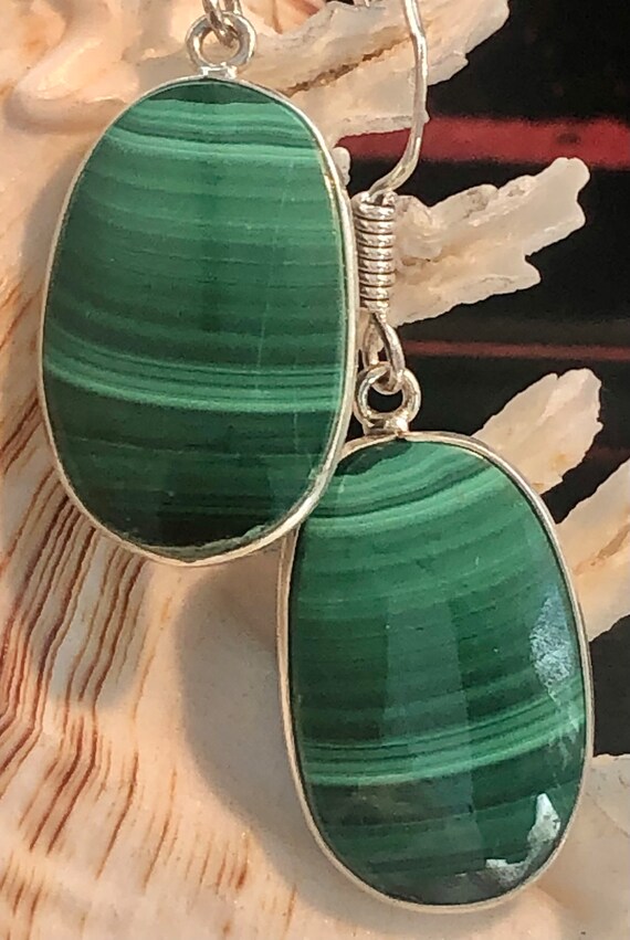 Natural Malachite Gemstone Drop Dangle Earrings O… - image 2