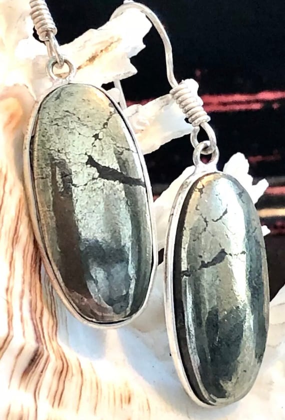 Natural Pyrite Earrings Oval .925 Sterling Silver 