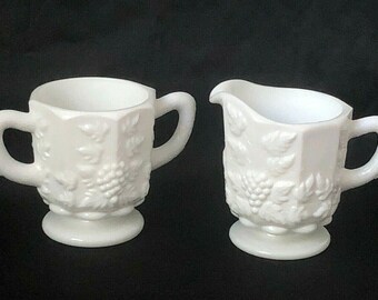 Vintage Westmoreland Milk Glass Paneled Grape Individual Creamer and Open Sugar Set
