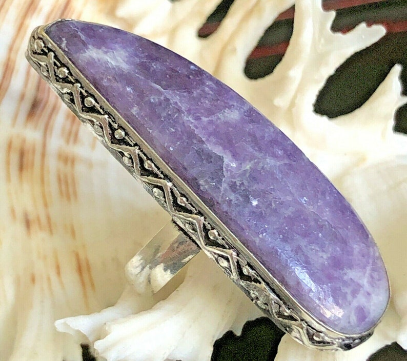 LARGE 1 78 Purple Lepidolite Gemstone Statement Ring Teardrop .925 Sterling Silver Size 7