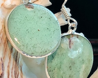 Natural Chrysoprase Gemstone Earrings Green Round .925 Sterling Silver 1 1/2"