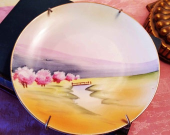 Hand Painted Plate Nippon 1920s Scenic Design Cherry Blossom Trees 6 1/2"