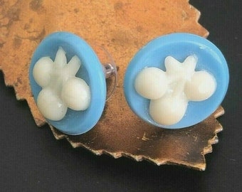 Button Earrings Vintage 1950s Blue with White Cherries BUTTONS Post Back 3/4"