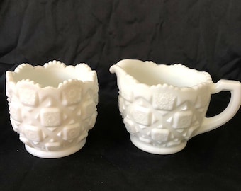 Vintage Westmoreland Milk Glass Old Quilt Large Creamer and Open Sugar Bowl Set 3.5"