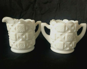 Vintage Westmoreland Milk Glass Individual Old Quilt Creamer and Open Sugar Bowl Set 3"