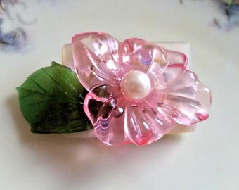 Flower Brooch Pin Vintage Pink Flower Glass Leaf Vintage MOTHER OF PEARL Buckle Assemblage 2.25"