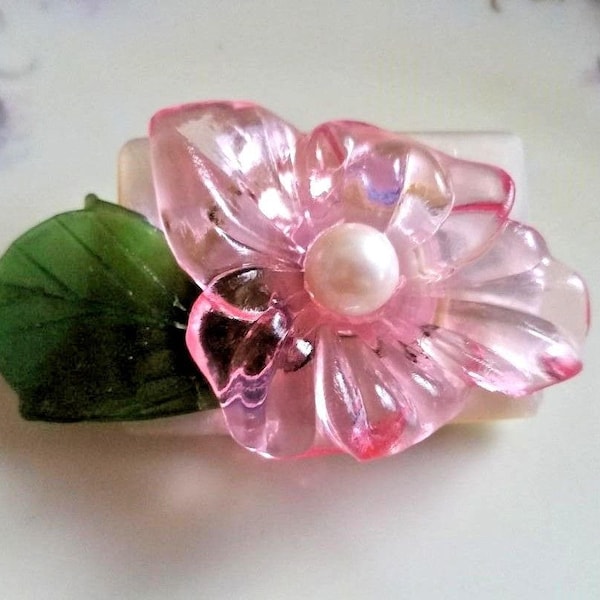 Flower Brooch Pin Vintage Pink Flower Glass Leaf Vintage MOTHER OF PEARL Buckle Assemblage 2.25"