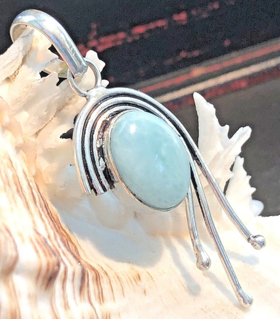 2 1/4" Natural Blue Larimar Pendant Oval Modern .… - image 1