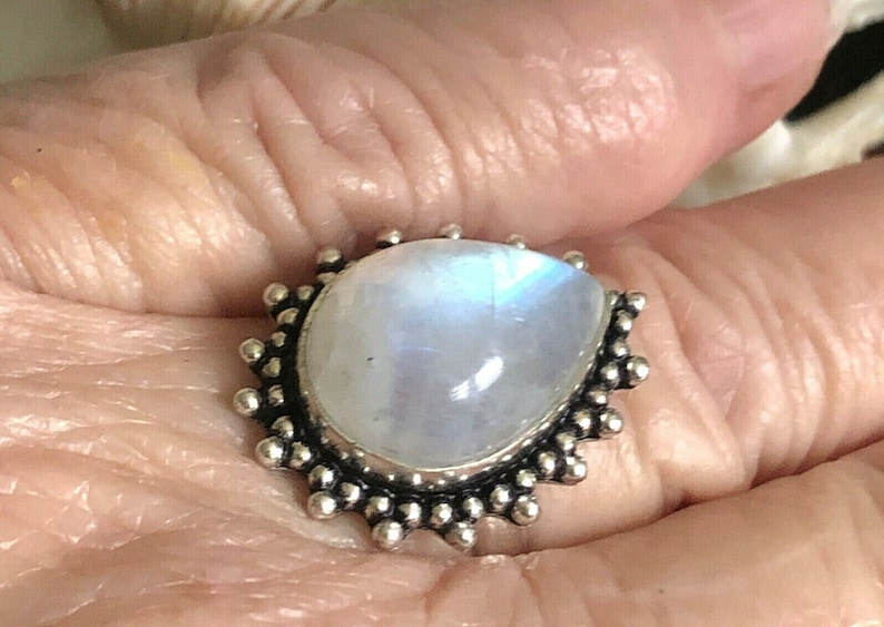 Blue Rainbow Moonstone Ring .925 Sterling Silver Teardrop Double Beaded Edge Size 8