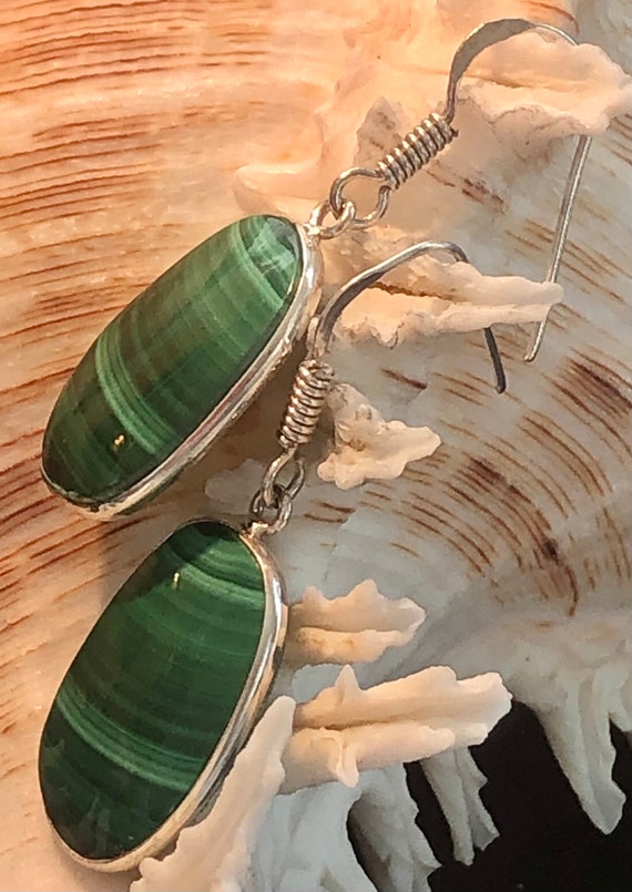 Natural Malachite Gemstone Drop Dangle Earrings O… - image 3