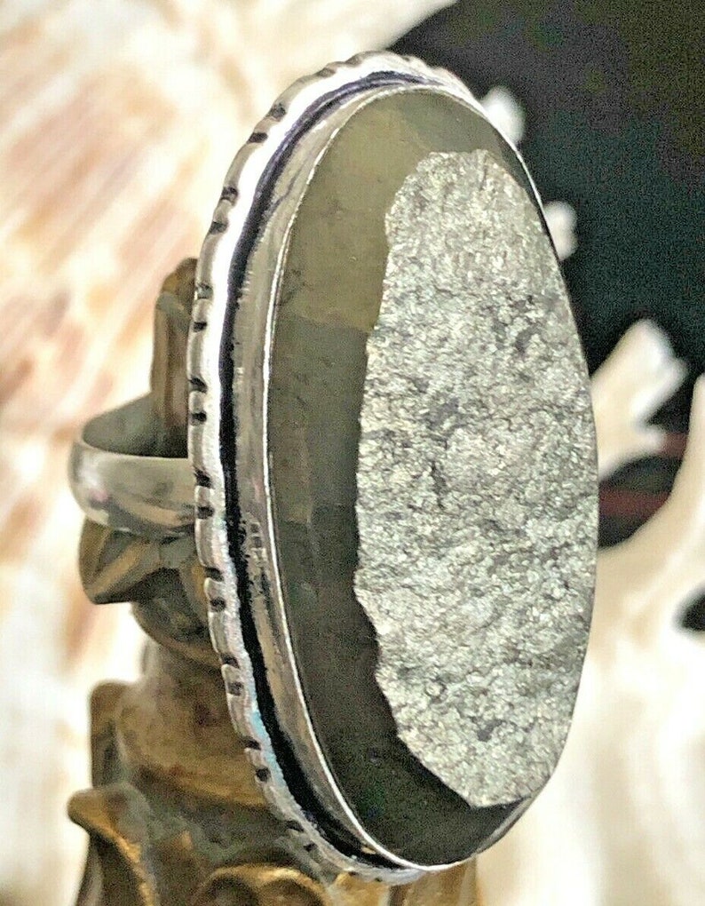 Large Natural Pyrite Statement Ring Unisex .925 Sterling Silver Size 8.5