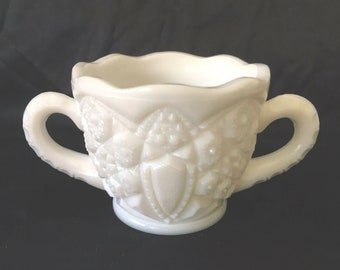 Vintage Milk Glass Open Sugar Bowl FOOTED White Toltec Pattern by McKEE Glass 3 1/4"