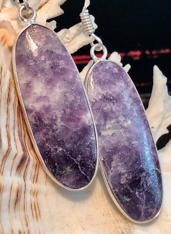 Natural Purple Lepidolite Gemstone Earrings Oval … - image 1