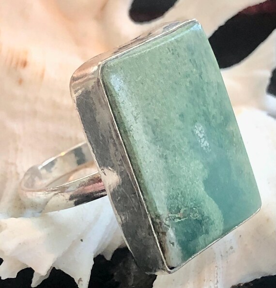 Large 1" Chrysoprase Gemstone Ring Rectangle .925… - image 7