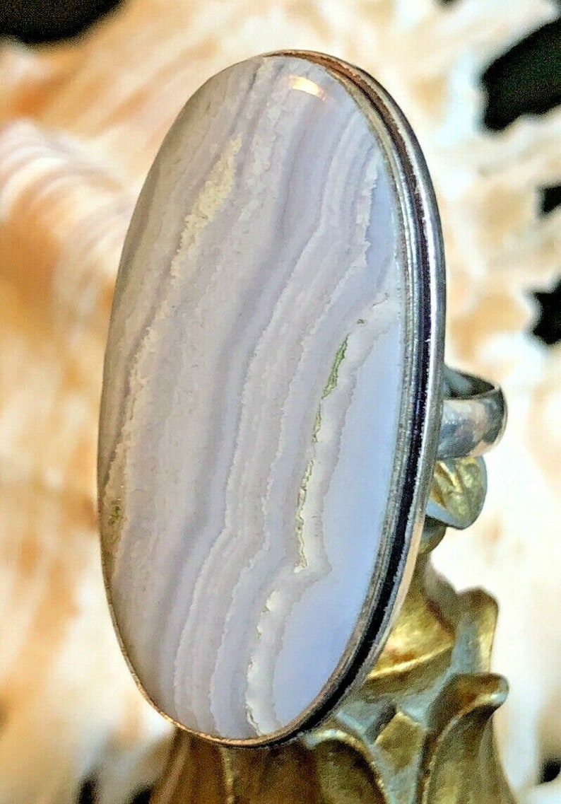 LARGE 1 58 Blue Lace Agate Statement Ring Oval .925 Sterling Silver Size 9 14