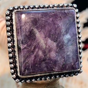 Large 1&quot; Purple Russian Charoite Ring Square Unisex Beaded .925 Sterling Silver Size 9.5