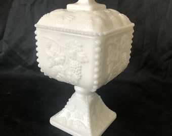 Westmoreland Milk Glass Covered Footed Candy Dish with Lid Beaded Paneled Grape 7"