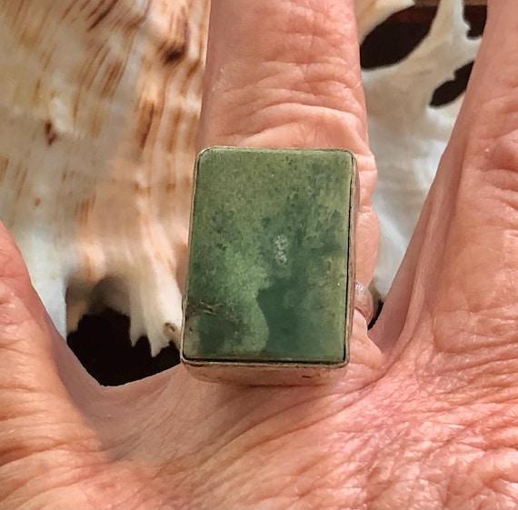 Large 1" Chrysoprase Gemstone Ring Rectangle .925… - image 2