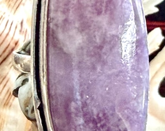 LARGE 1 1/2" Purple Lepidolite Gemstone Statement Ring Oval .925 Sterling Silver Size 8