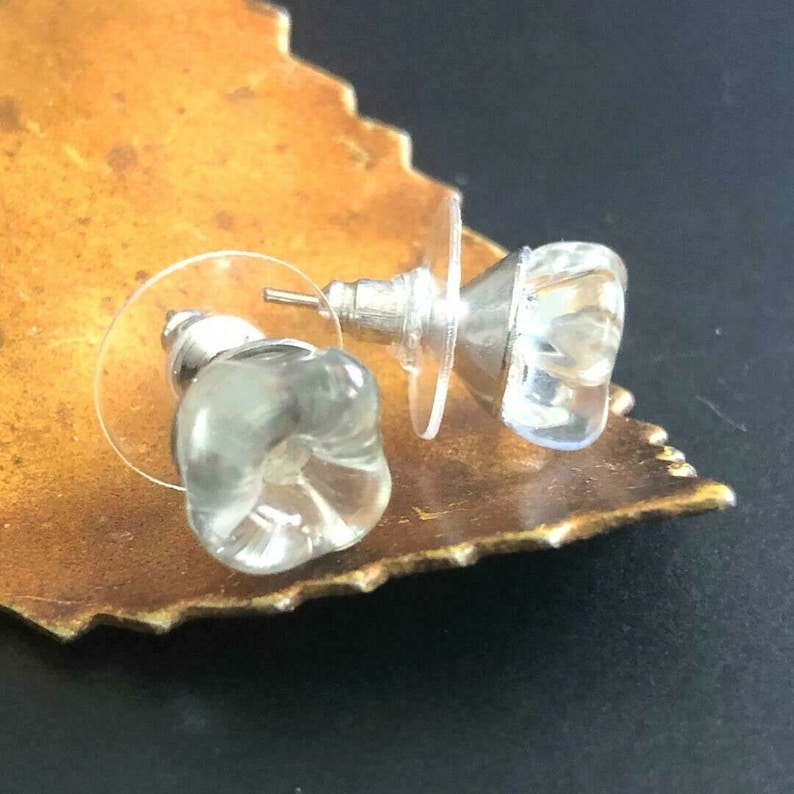 BUTTON Earrings VINTAGE Glass Flower Buttons Clear Crystal Wedding Post Back 38