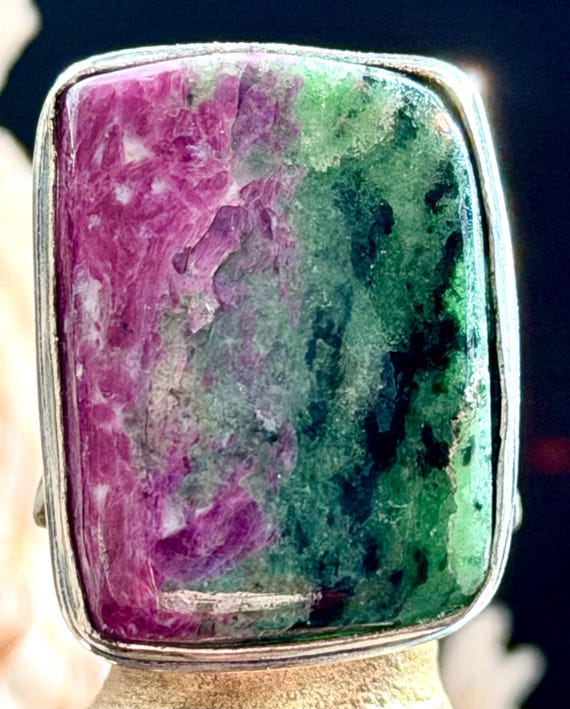 Large 1" Ruby Zoisite Gemstone Ring Rectangle .92… - image 3