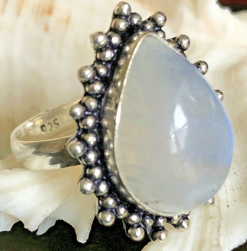 Blue Rainbow Moonstone Ring .925 Sterling Silver Teardrop Double Beaded Edge Size 8