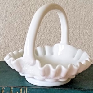 Westmoreland Basket Milk Glass Paneled Grape Ruffled Crimped Footed Handled Basket or Candy Dish 5.25&quot;