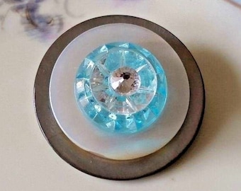 Mother of Pearl Brooch Pin Repurposed Vintage Crystal Glass Buttons Rhinestone 1.5"