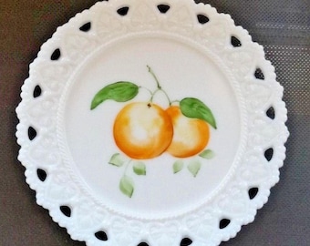 Vintage Kemple Plate Milk Glass Beaded Heart Open Lace Oranges Hand Painted 7.25"
