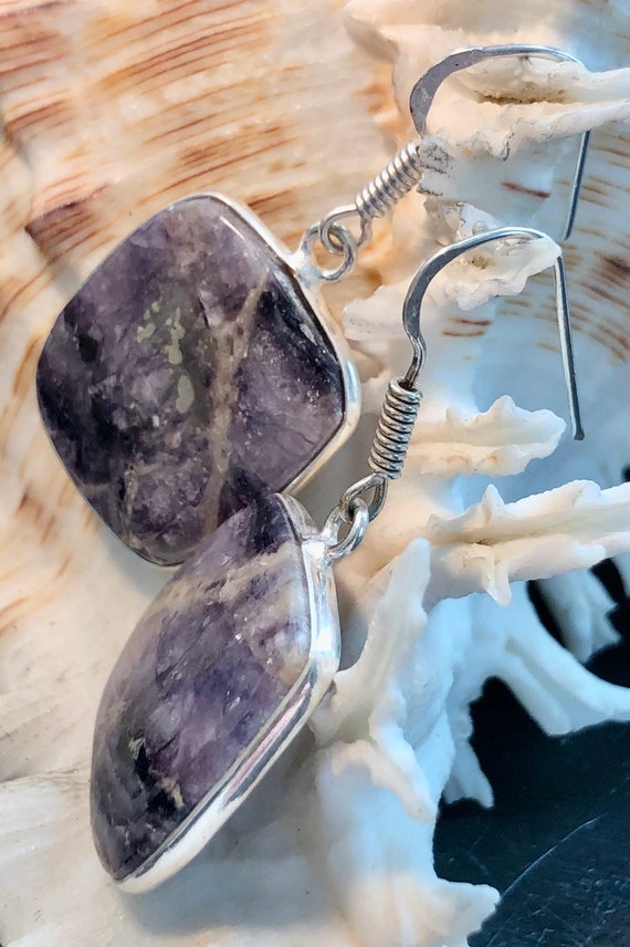 Natural Purple Fluorite Earrings Rectangle .925 S… - image 3
