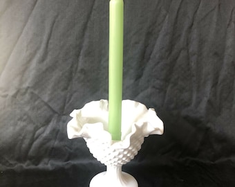 FENTON Hobnail Milk Glass Round Pedestal Candle Holder Compote Candy Dish Ruffled & Crimped 6"